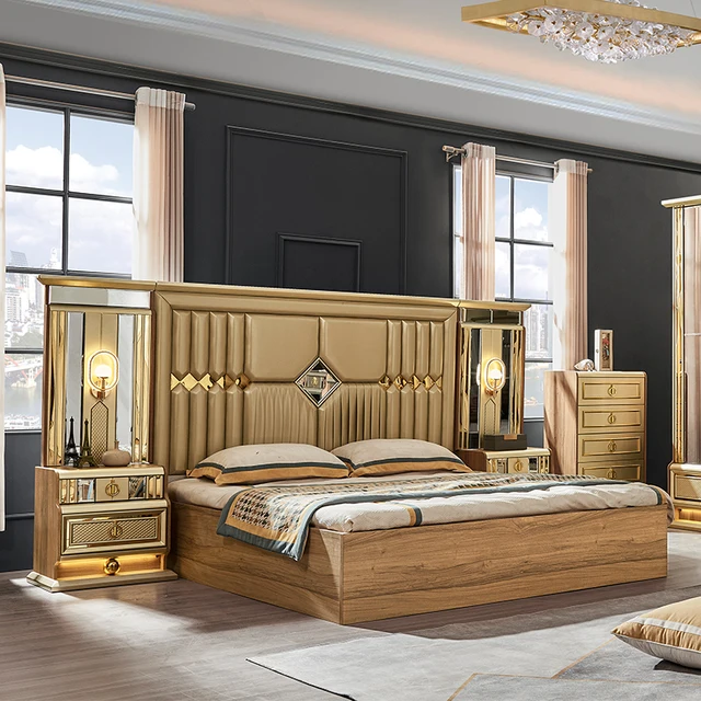 Wooden Modern Gold King Size Bed Double Master Room Villa Home Royal Full Queen Wood Luxury Bedroom Furniture Set 3