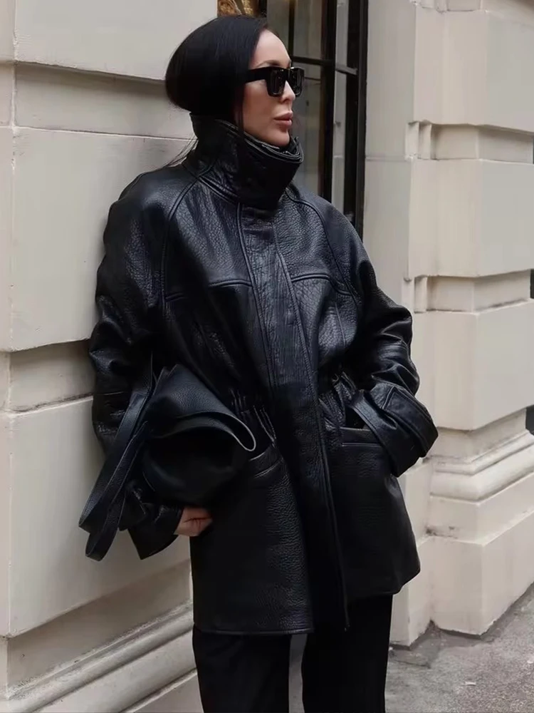 Street Pu Leather Women Jacket Y2k Black Long Sleeve Zippers Pocket Stand Collar Female Coat 2026 Spring Autumn Lady New Outwear