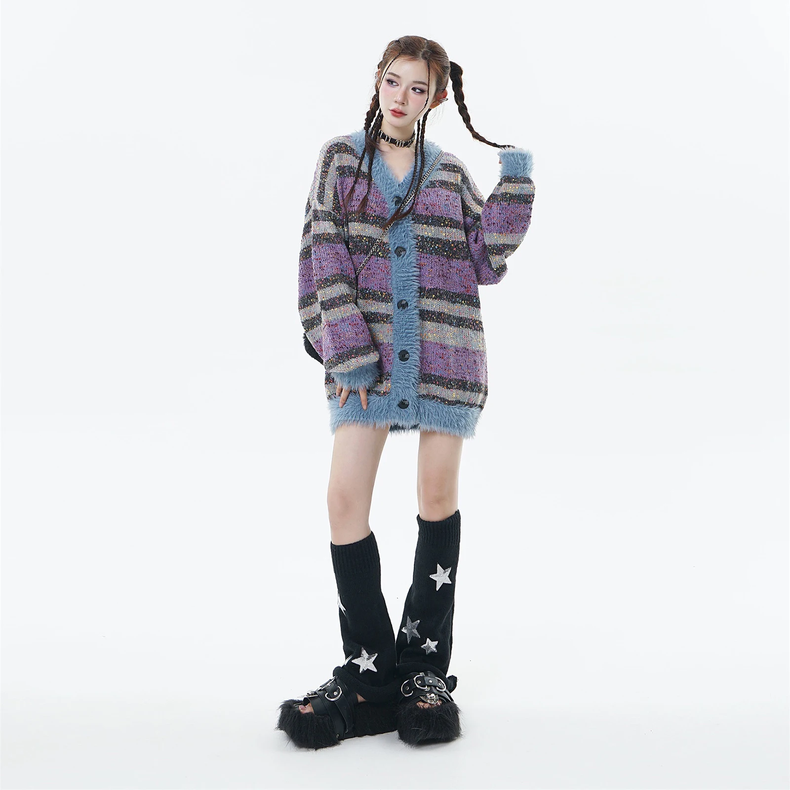Colorful Spotted Stripe Cardigan Sweater Y2k Harajuku Men's and Women's Loose Mohair Knitwears Autumn Winter Knitted Outwear