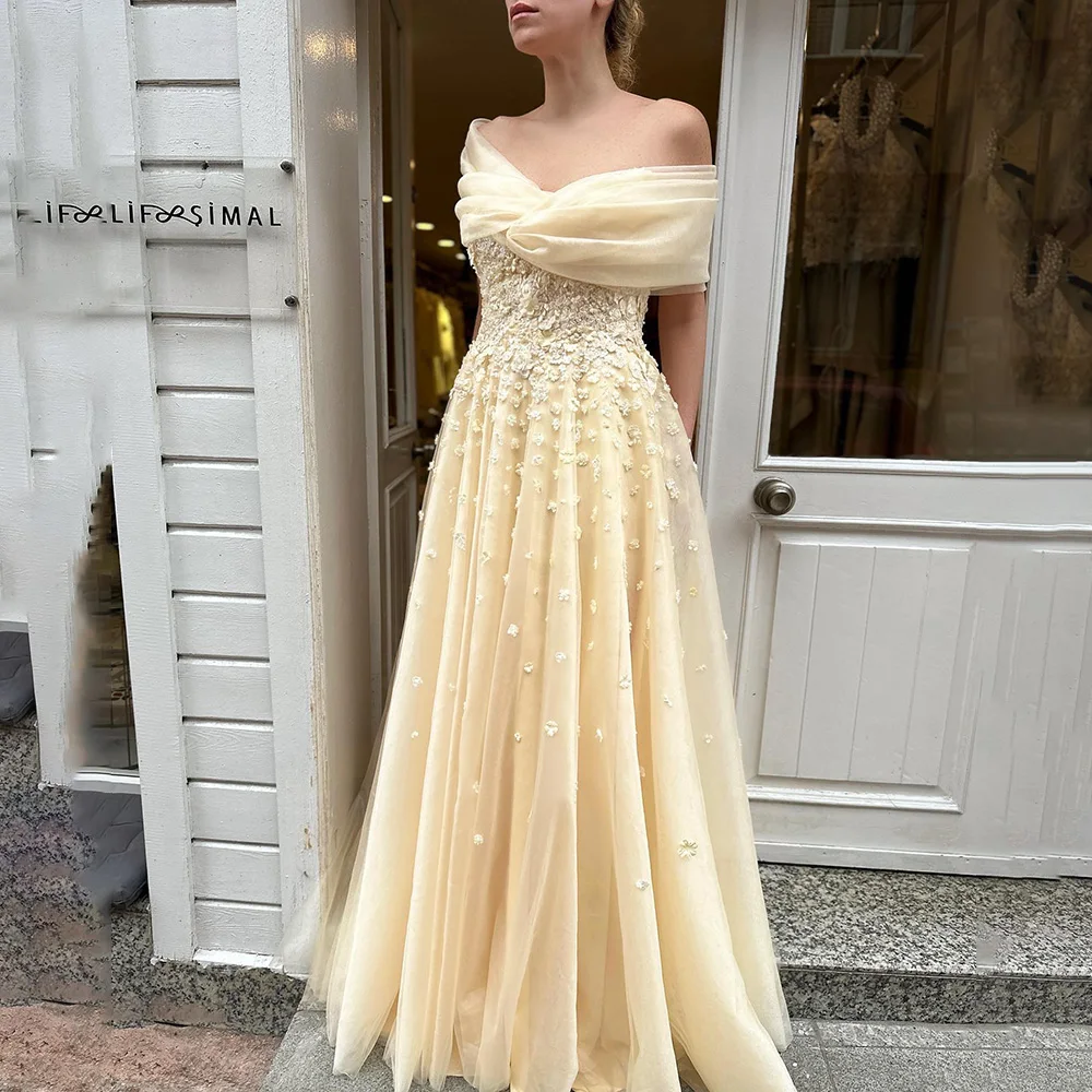 

Radiant Boat Collar Tulle Beaded Flower Accents Prom Dress A-line Court Off the Shoudler Prom Club Gown vestidos novias boda
