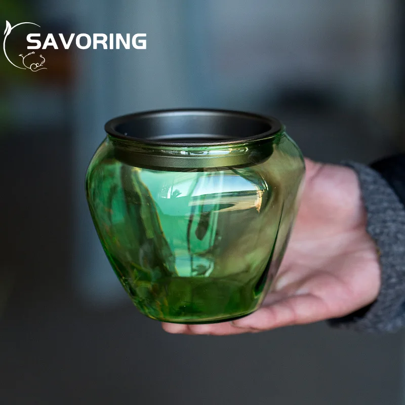 

500ML Colorful Glass Tea Washing Bowl Household Tea Slag Tank Japanese Tea Residue Barrel with Tin Lid Tea Ceremony Accessories