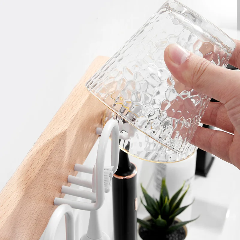 Wall-mounted Bathroom Toothbrush Rack With Gargle Cup Wood Toothbrush Cup Holder White Toilet Electric Storage Rack