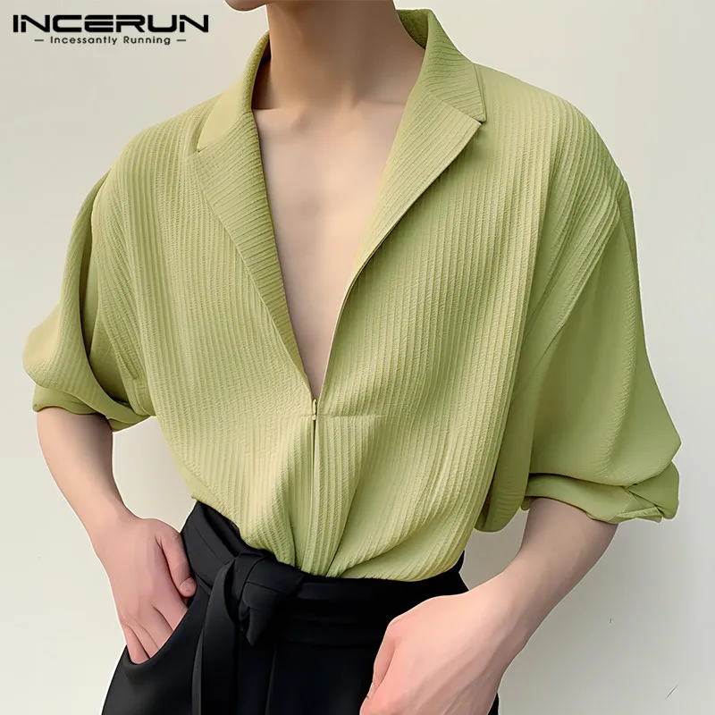 

INCERUN Tops 2024 Korean Style Handsome Men's Solid Simple Texture Shirts Casual Streetwear Male Lapel Long Sleeved Blouse S-5XL