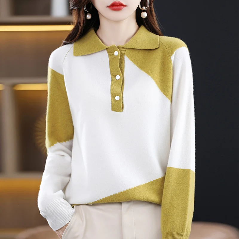 

4-color New Product Hot Selling 100% Wool Sweater Women's Polo Collar Long Sleeve Knitted Fashion Pullover Women's Sweater