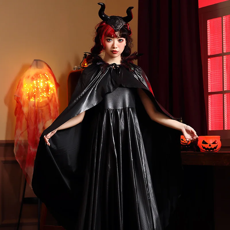 

Adult Women Sleeping Charm Black Witch Magic Evil Queen Long Robe Horn Headdress Dress Gown Halloween Cosplay Costumes Outfit