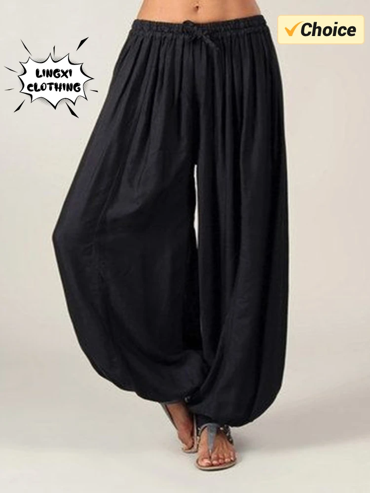 2024 Summer New Women's Solid Color Lantern Pants Loose Pleated Drawstring Casual Ankle Sports Pants Harlan Pants 2