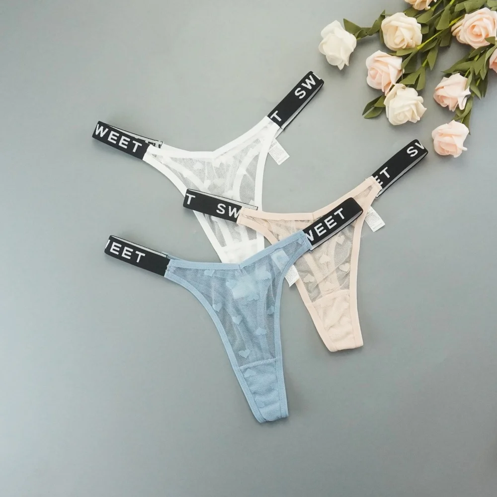 3pcs Thin Letter Belt Sexy Perspective Heart Mesh Thongs Panties Women Low Rise Sports G-string Ladies Breathable Underwear