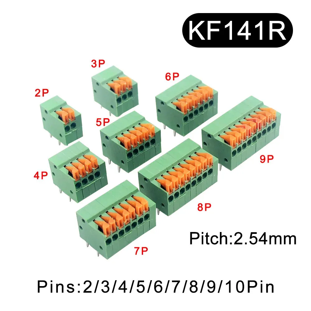 2.54mm Pitch KF141V KF141R Push-in Spring Screwless Terminal Block Straight/Bent Foot 2/3/4/5/6/7/8/9/10P PCB Connector 5/10Pcs