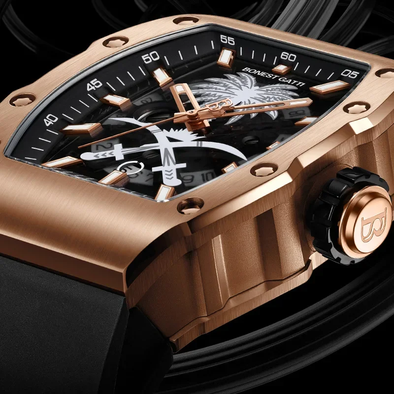 BONEST GATTI Palm Tree Series Fashion Carving Craft Design Waterproof Luminous Mechanical Watch