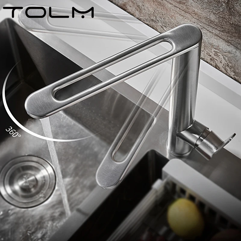 TOLM 304Stainless steel  Brushed Nickel Faucet Black Kitchen sink Faucet Cold and Hot Water Mixer Modern Single Handle Hole