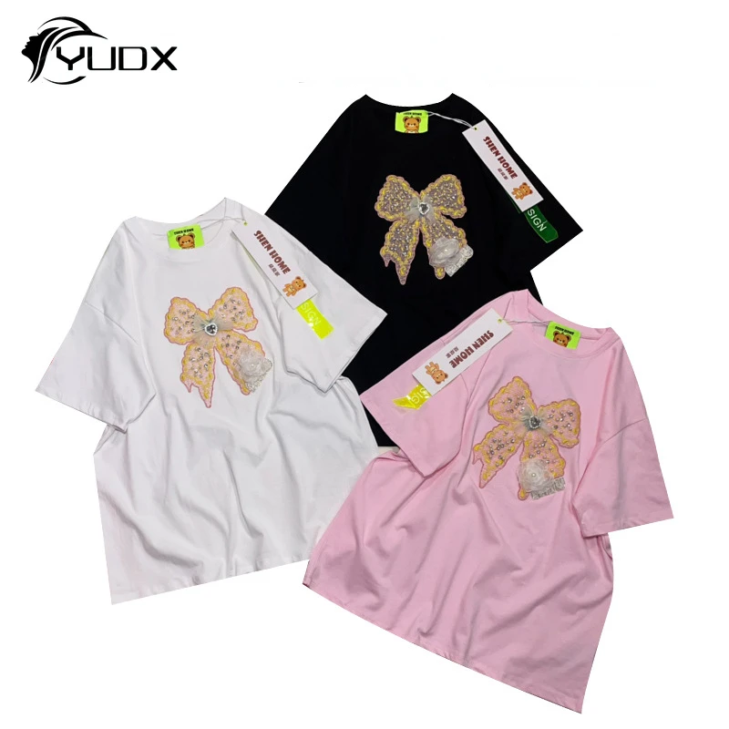 

YUDX 2024 новая летняя женская хлопковая футболка для снижения возраста с вышивкой бисером и бантом с круглым вырезом пуловер Топ с коротким рукавом повседневные футболки