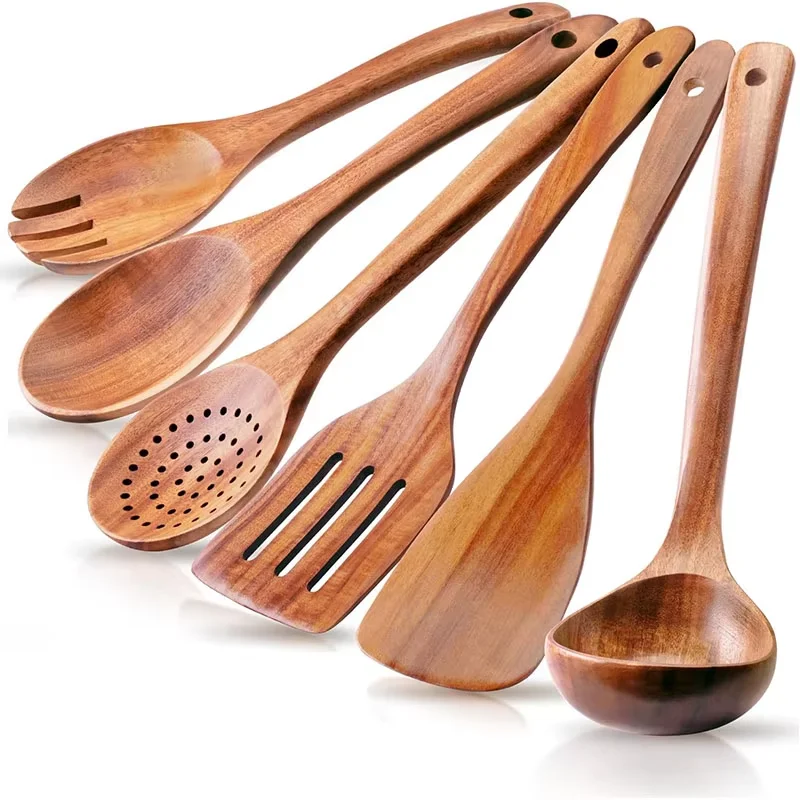 Conjunto de Utensílios de Cozinha de Madeira Natural de Acácia, Utensílios de Cozinha Duráveis, Incluindo Colheres, Espátula e Raspador