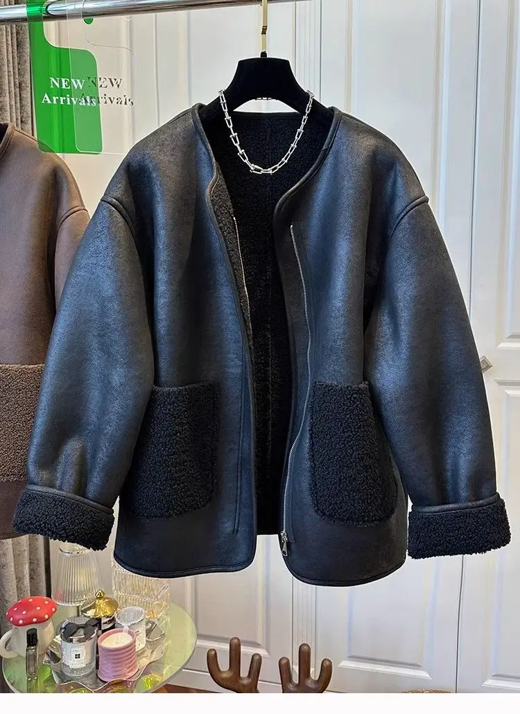 Women's Super Cute Zipper Fur Patchwork One-piece Round Neck Coat Top Warm Casual Winter Best Seller Coats and Jackets Women