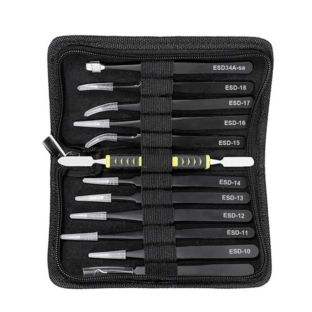 Tweezers 12 Pieces ESD Tweezers Tools Kit Anti-static Non-magnetic Stainless Steel Multi-standard with Storage Bag