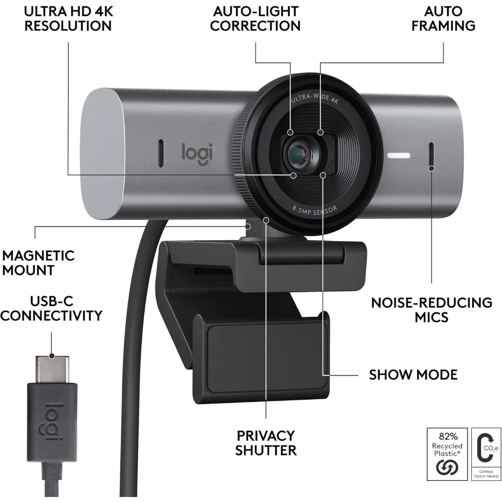 MX Brio Ultra HD 4K Collaboration and Streaming Webcam, 1080p at 60 FPS, Dual Noise Reducing Mics, Show Mode 6