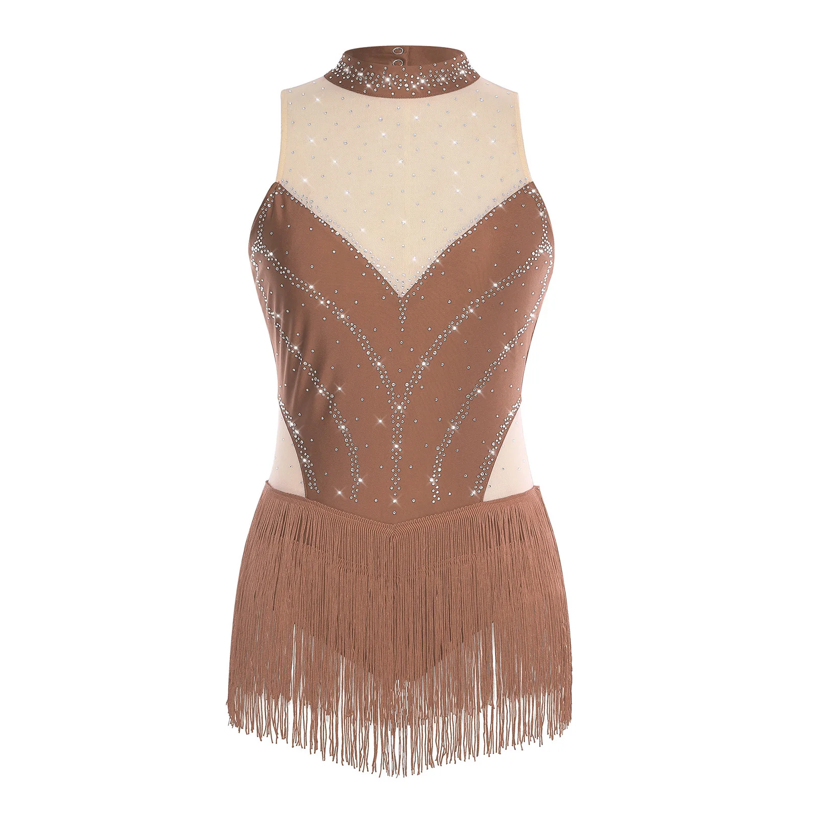 Damen Gymnastik Künstlerisches Eiskunstlauf-Ballett-Trikot-Kleid mit Strasssteinen, durchsichtiges Mesh, lyrisches Latin-Tanz-Bodysuit-Kleid – Detail 21