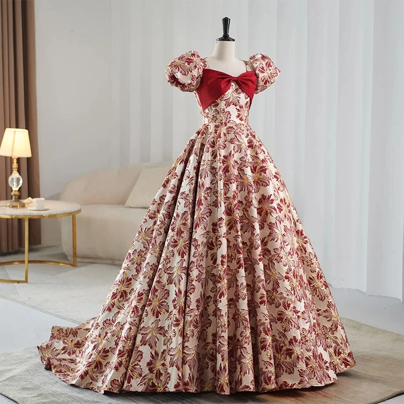 Evening Dress Red Embroidery Satin Floor Length Short Sleeves Square Collar Lace Up Plus Size Women Party Dresses Customized