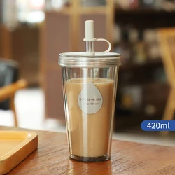 Dual - Layer Portable Beverage Cup with Lid - Stylish, Creative Plastic Design - 420ml (Light Grey)