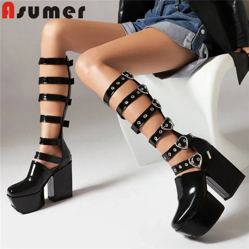 

ASUMER 2023 Size 35-48 New Microfiber Buckle Knee High Boots Cool Female Platform Boots Chunky Heels Summer Motorcycle Boots