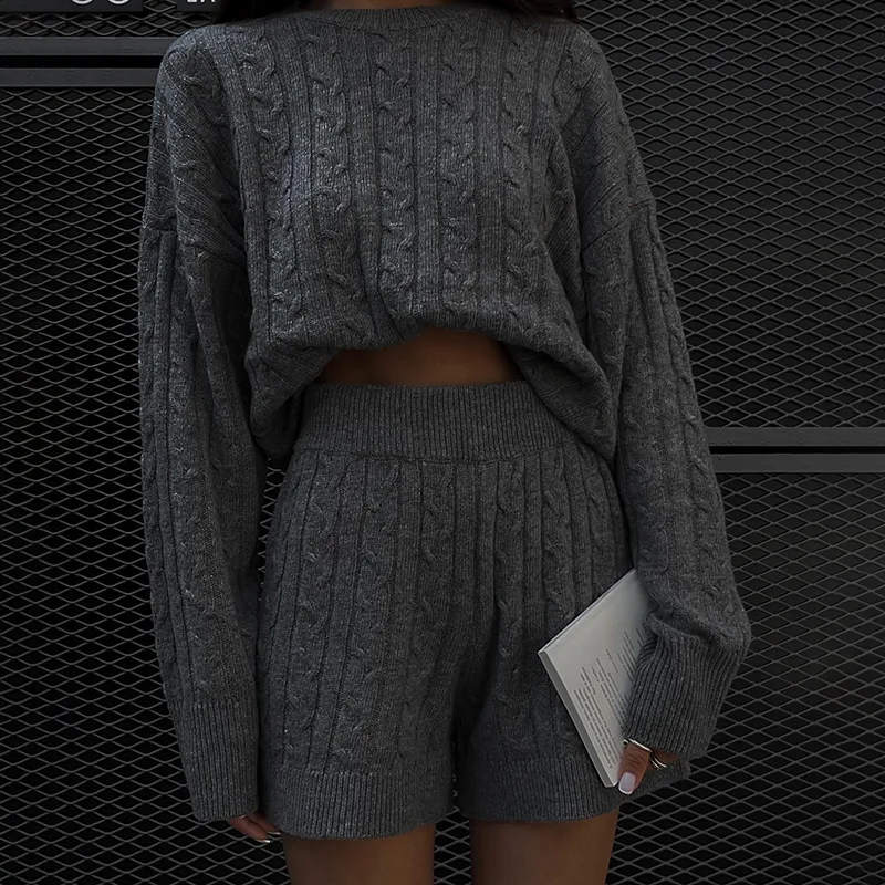 2023 new Autumn Women's Arrival Solid 2 Piece Set Casual Knitted Tracksuit Sportswear Warm Sweater + Shorts Outfits