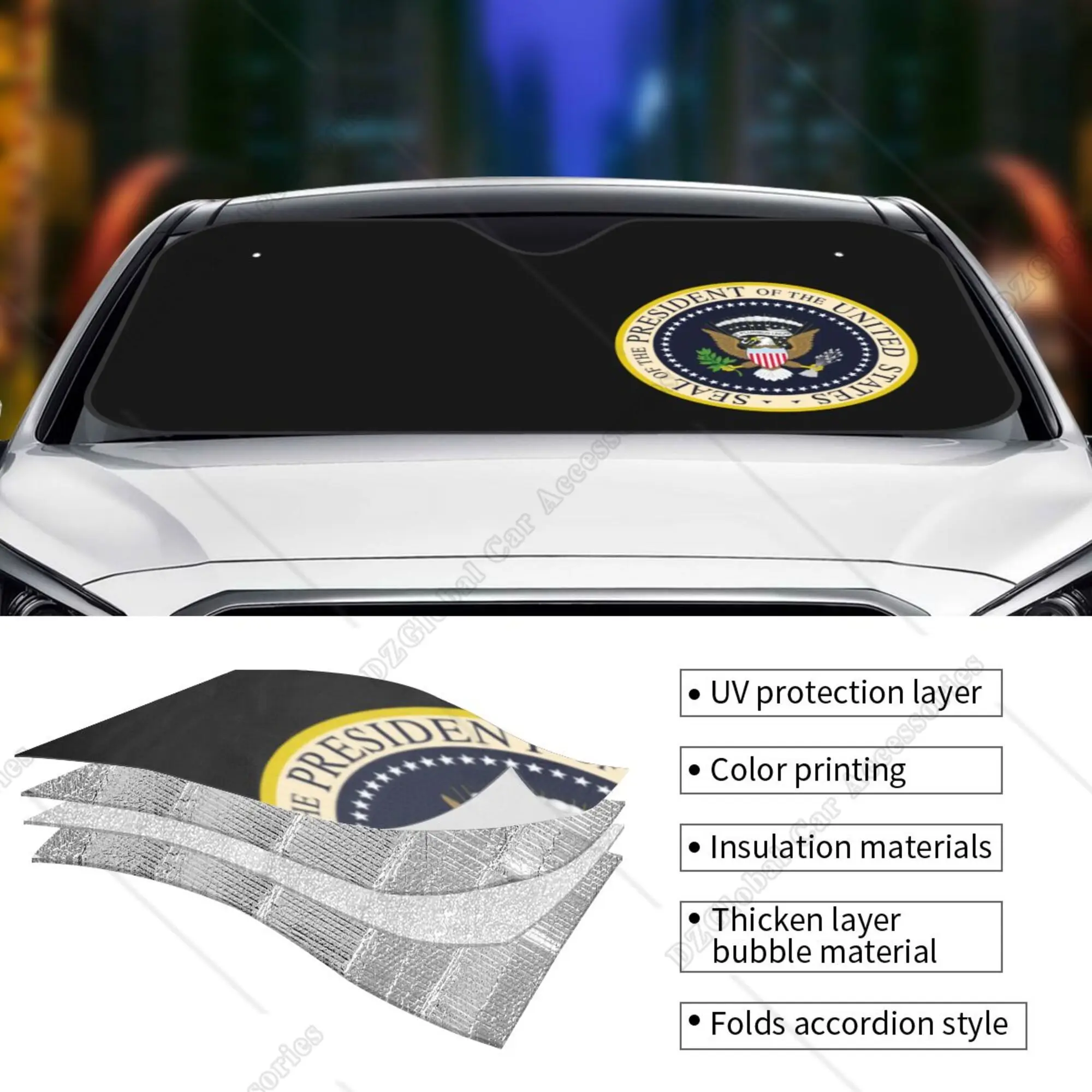 USA President Seal Logo Print Foldable Windshield Sunshade 76x140cm Car Window Windscreen Cover UV Protector Car Sun Shade