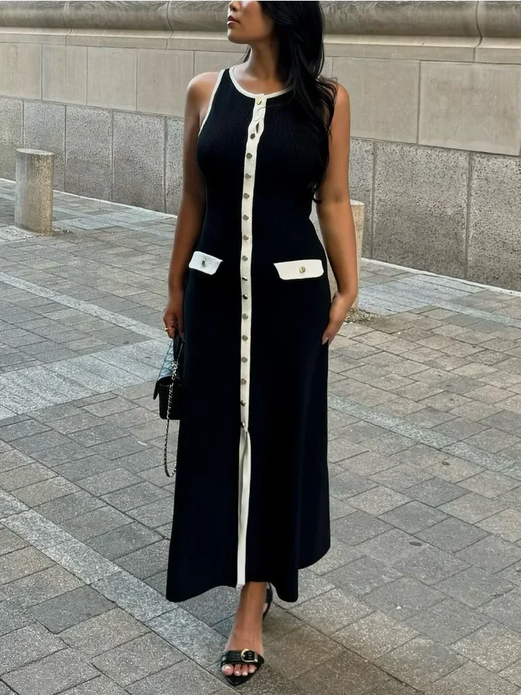 Elegant Knit Ribbed Long Dress For Women Slim Fashion Sleeveless Patchwork High Waist Pocket Dress Women's Maxi Dress