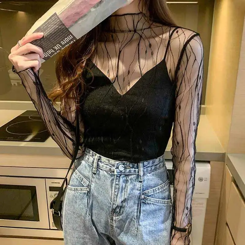 Sexy Mesh Women's T-Shirt Summer Fashion Thin Bottom Shirt Lace Sheer Long Sleeve Blouses Ladies Tops High Neck Tee Solid Color 2
