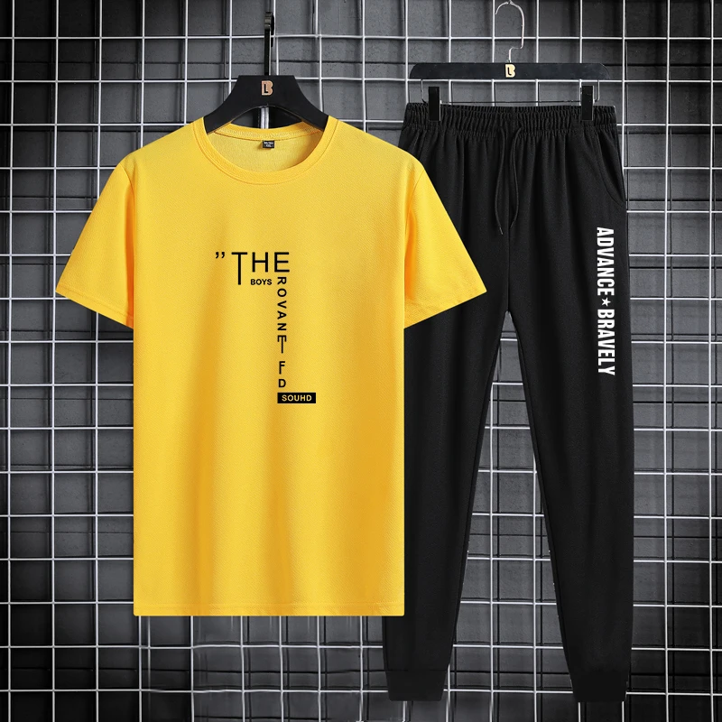 Trendy printed men's sports suit, summer casual T-shirt, leggings, two piece set, thin and breathable, solid color 2024 new prod 4