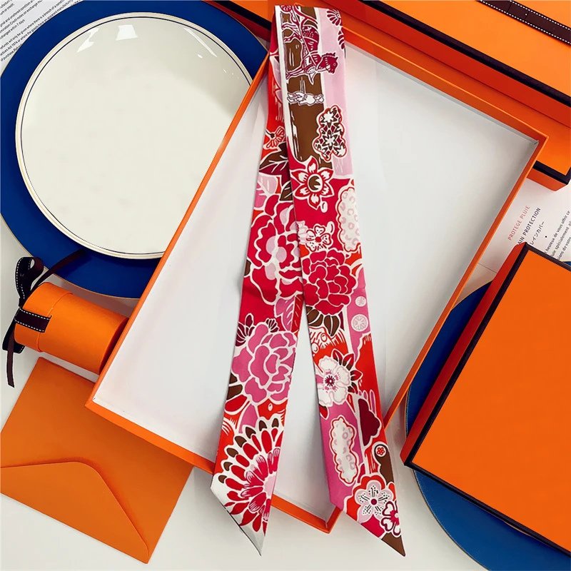 Marke Design Twill 100% Seide Schal Luxus Druck Blumen Schal Frauen Foulard Dünne Tasche Schals Neue Heiße Halstuch Haar Stirnband – Detail 7