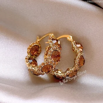 2025 Brilliant Round Zirconia Hoop Earrings for Women Amber Color Small Circle Autumn Atmosphere Versatile Fashion Accessories