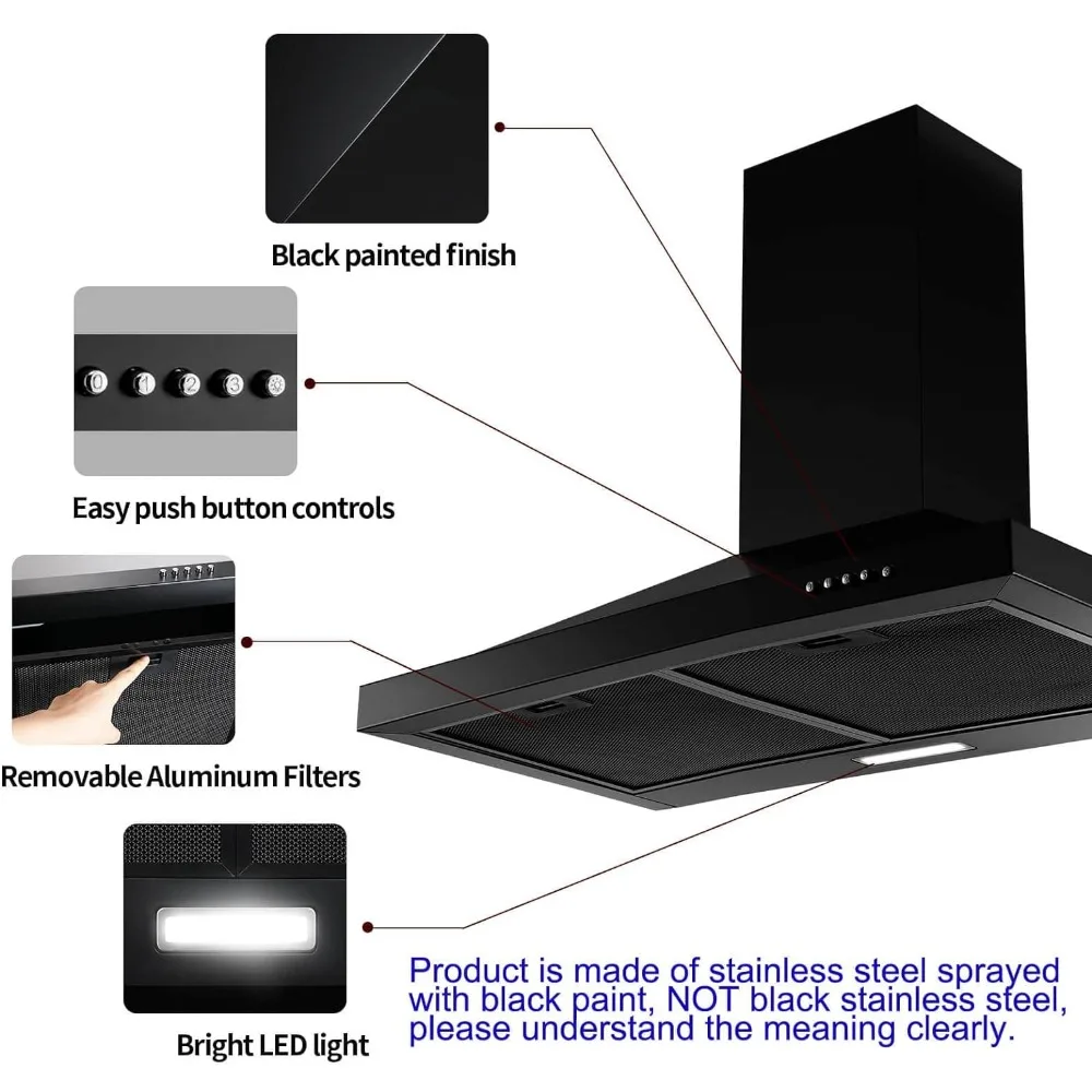 Range Hood 24 inch,Black Vent Hood,Stainless Steel Chimney-Style 24 inch Range Hood,Ductless Range Hood with 3-Speed Exhaust Fan 3