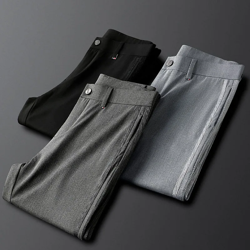 

Новинка Весна 2024, повседневные деловые брюки с боковой полосой, не требующие глажки, мужские облегающие маленькие строгие брюки