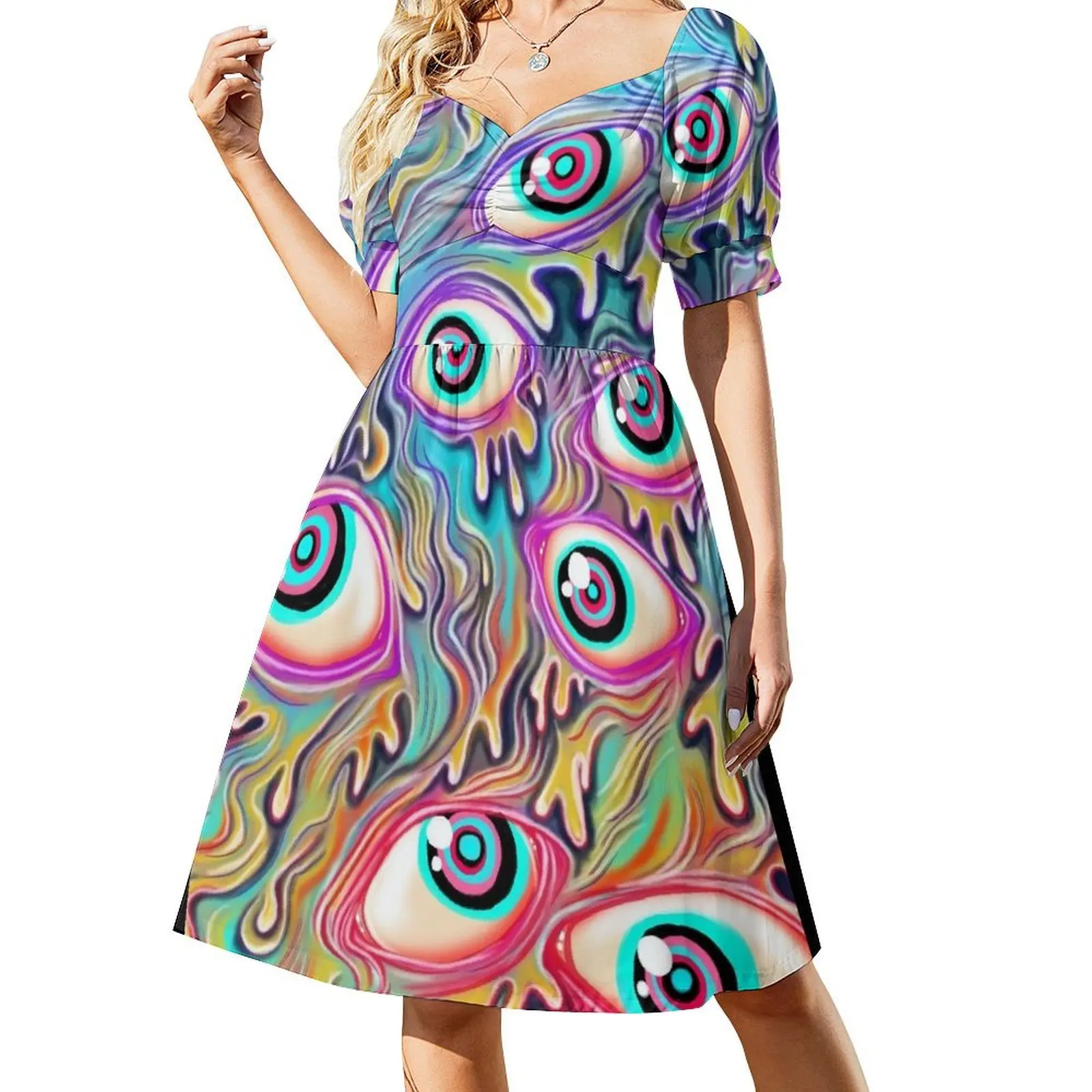thumbnail image 1 of Vestido de manga corta con estampado de globo ocular Ropa femenina Ropa de verano para mujer Vestido, 1 of 7