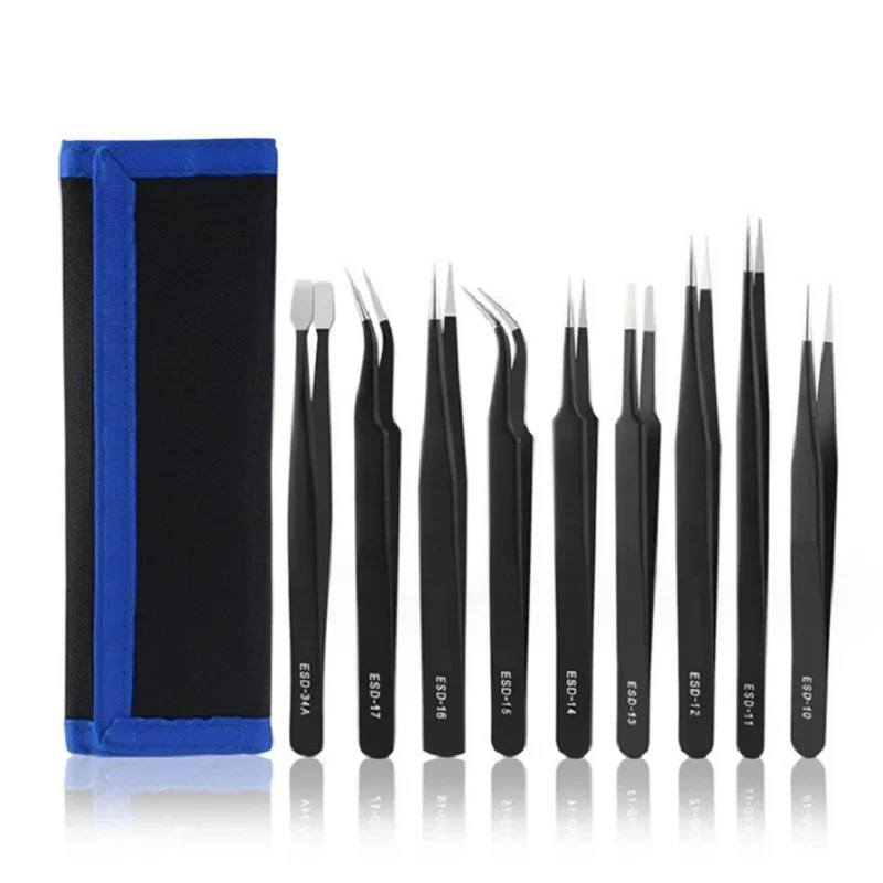 Stainless Steel Precision Antistatic Tweezers Set Repair Tools Professional Electronic Tweezers 10pcs