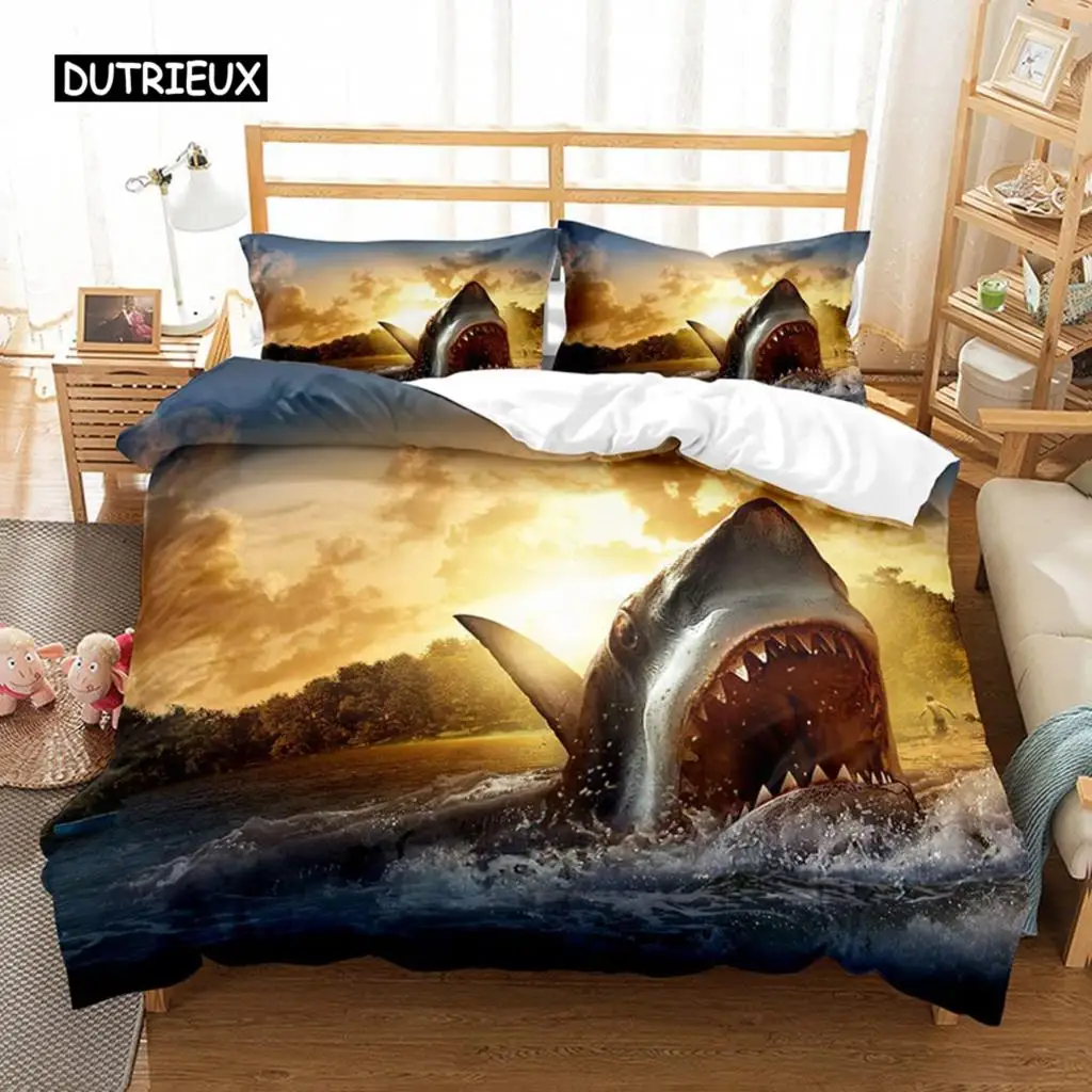 Set Copripiumino Squalo 3D Shark Jumping From Ocean Big Open Mouth Print Twin Bedding Set Double Queen King Copripiumino In Poliestere