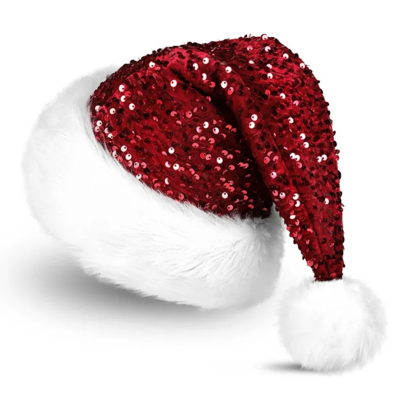 New Christmas Hat Decorations Double-layer Sequin Plush Adult Children Enlarged Thick Long Plush Head Cover Xmas Atmosphere