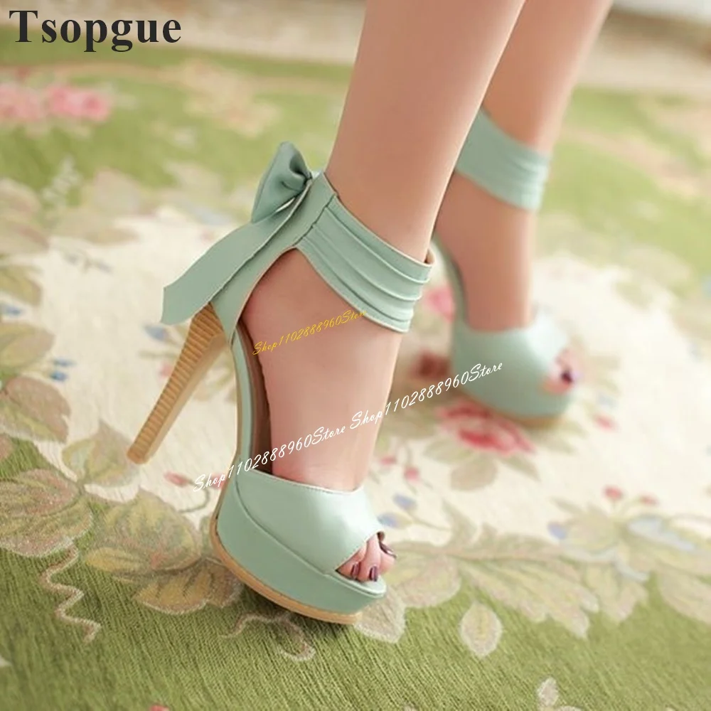 

Trending Light Green Platform Bowknot Sandals Thin High Heel Shoes For Women Peep Toe 2024 Fashionable Zapatos Para Mujere