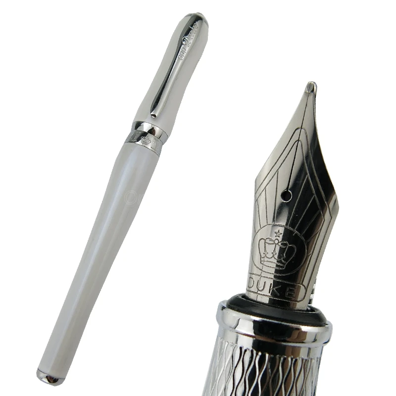 Duke Lady Series Metal White Barrel Medium Nib Fountain Pen Silver Trim Professional Stationery Supplies Writing Tool Pen Gift