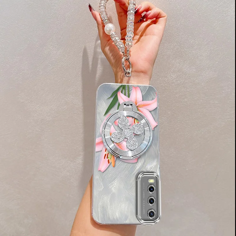 Floral Elegance 3-Piece Phone Accessory Set: Pink Flowers Case, Lanyard & Stand