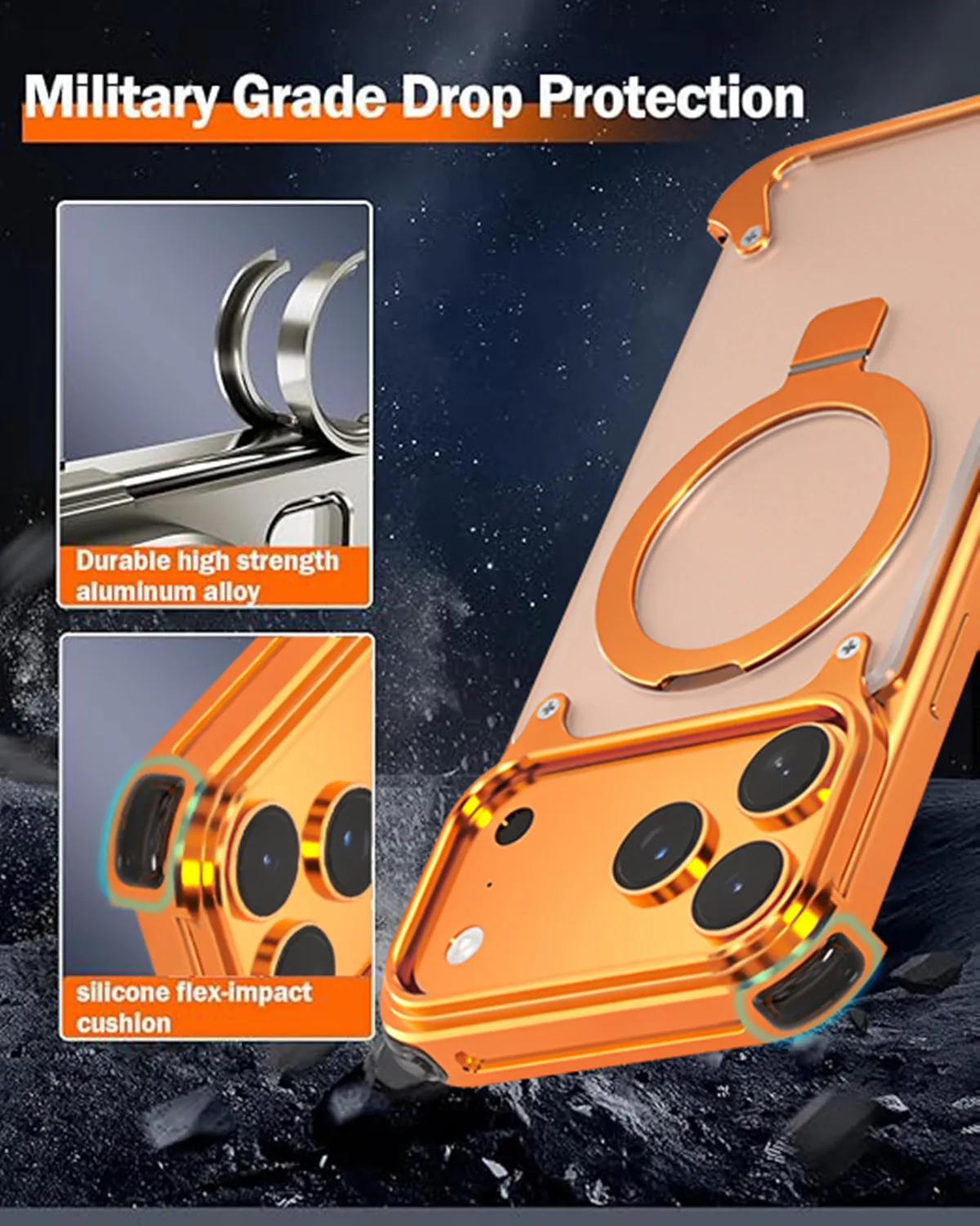 Premium Aluminum Alloy Magnetic Ring Holder in Orange Silver Black - Skycase