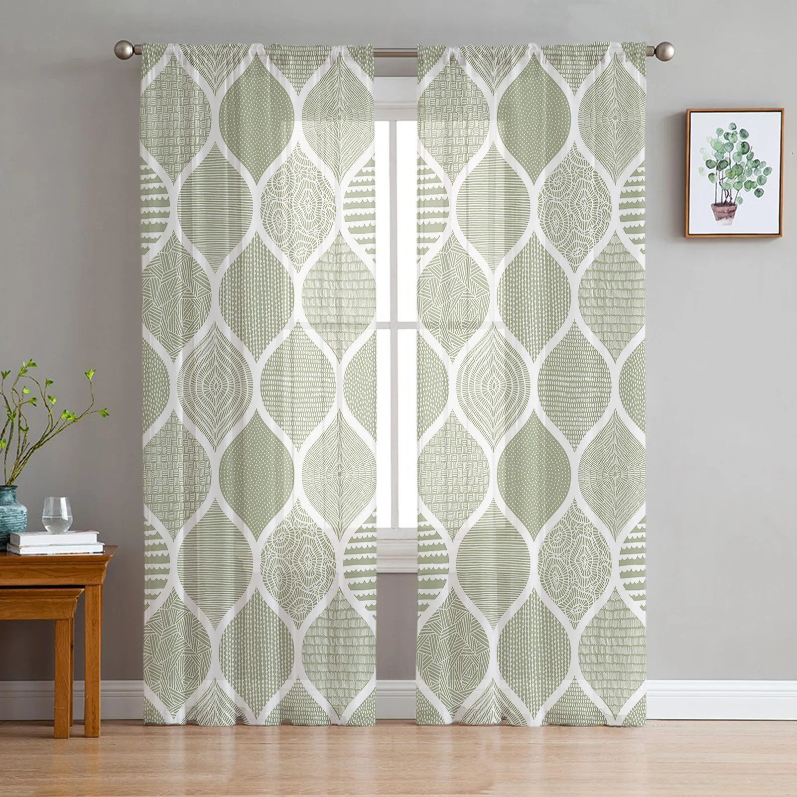 

Geometry Moroccan Texture Sage Green Tulle Curtains for Living Room Sheer Curtain for Bedroom Kitchen Blinds Voile Curtains