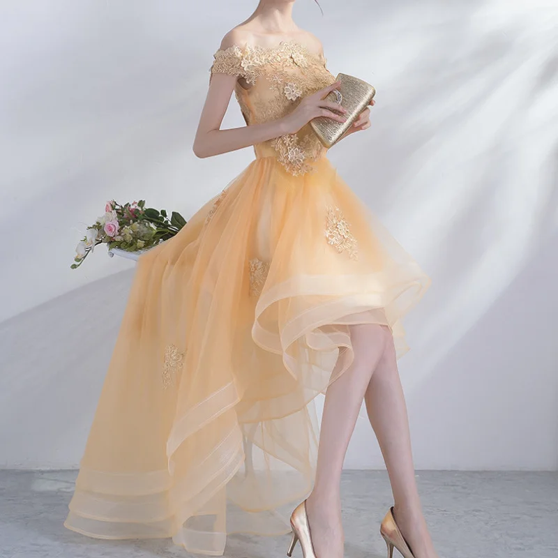 

Sweet Memory D156 Gold Prom Dress Fashion Women Boat Neck High Low Short Sleeves Lace Appliques Graduation Party Dresses