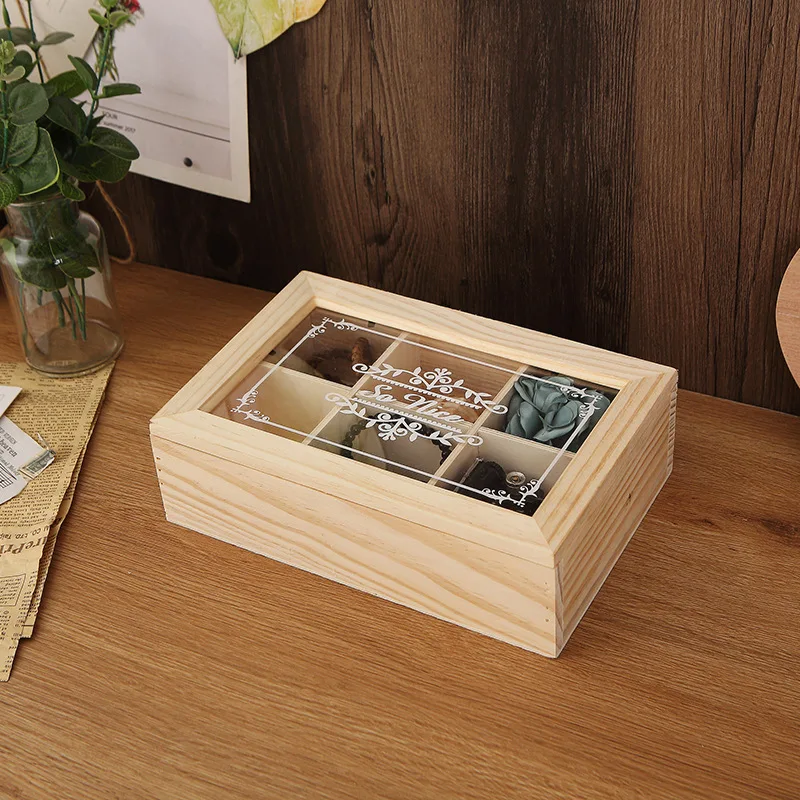 Scatola portaoggetti a sei scomparti in legno massello, organizer da scrivania rettangolare multi-comparto - immagine 4