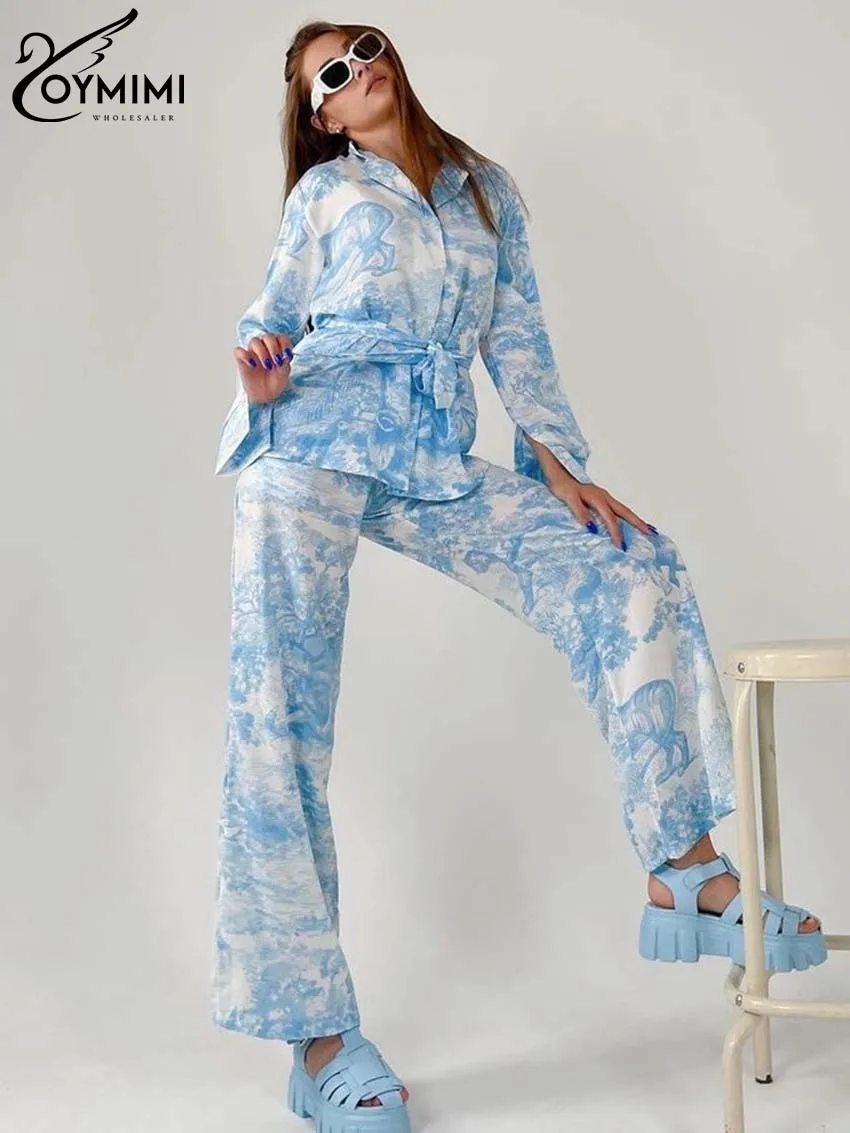 Oymimi Elegant Blue Print Sets For Women 2 Pieces Casual Lapel Long Sleeve Lace-Up Button Shirts And Straight Pants Female Sets