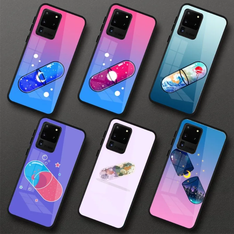 World In Pill Phone Case Per Samung Galaxy S23 S22 S21 Pro Ultra M14 A14 A34 A54 A13 A33 A53 Cover Per Telefono In Vetro Nero Per Pc