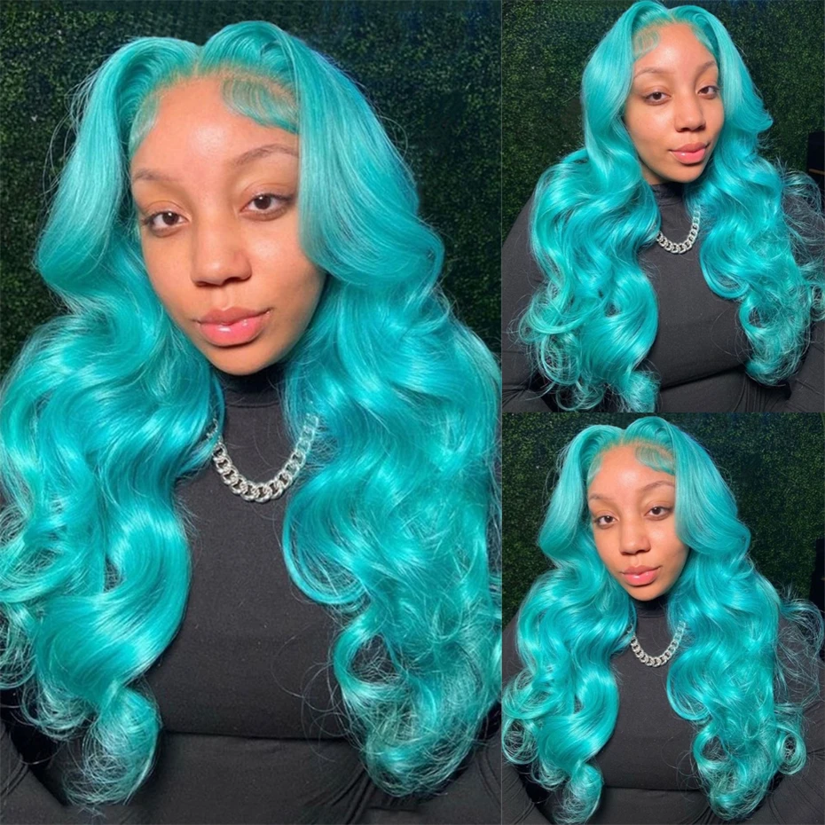 13x6 Teal Ocean Blue Lace Front Wig Human Hair Body Wave 613 Blonde Lace Frontal Wig Preplucked Mint Green Color Human Hair Wigs 2