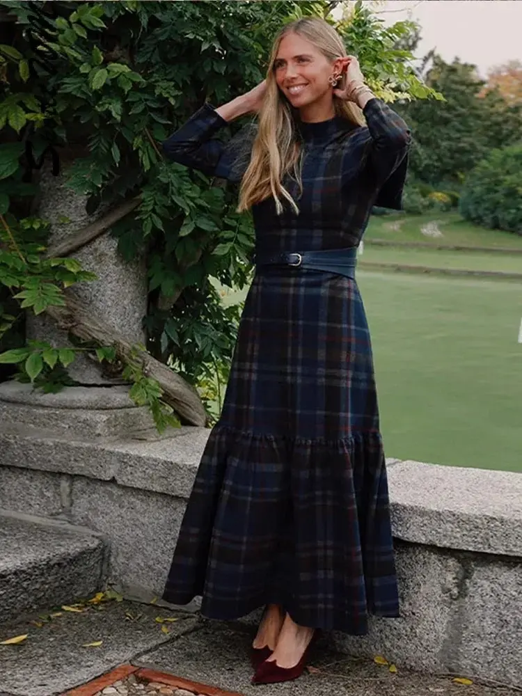 

Female Fashion Vintage Plaid Pleated Dresses Elegant O Neck Long Sleeve Bodycon Dress 2024 Spring Office Ladies Commute Vestidos