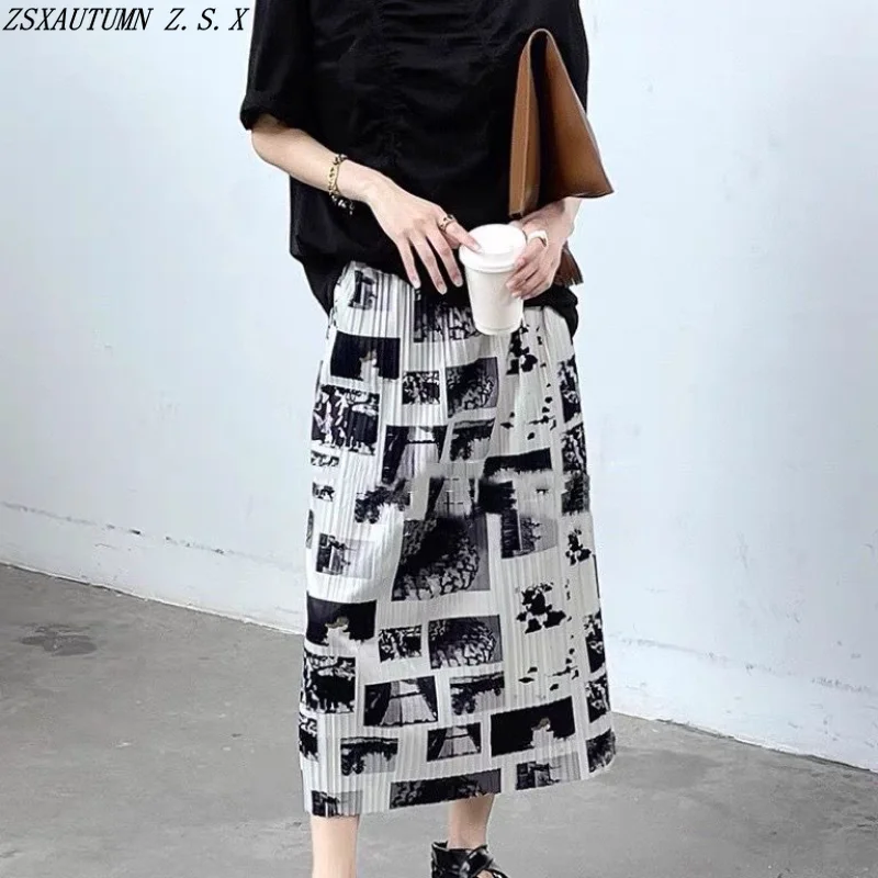 

Half Length Hip Wrap Skirt for Women Spring Summer Printed High Waist Pleated Skirts Elegant Fashion Baggy Female Slim Petticoat