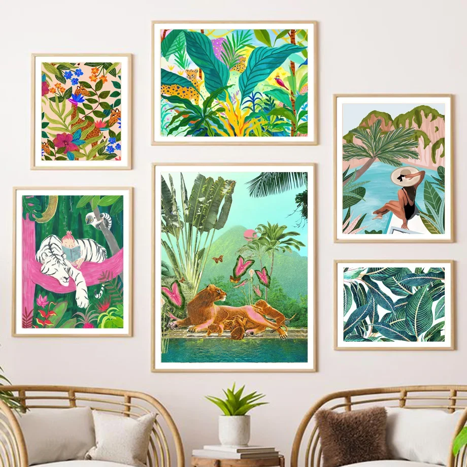 

Tropical Leopard Tiger Deer Flamingo Girl Flower Wall Art Canvas Painting Posters And Prints Wall Pictures For Living Room Decor