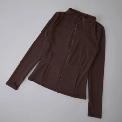 Women's Full-Zip Long Sleeve Yoga Jacket with Thumb Holes - Spandex Sportswear - M (Brown)